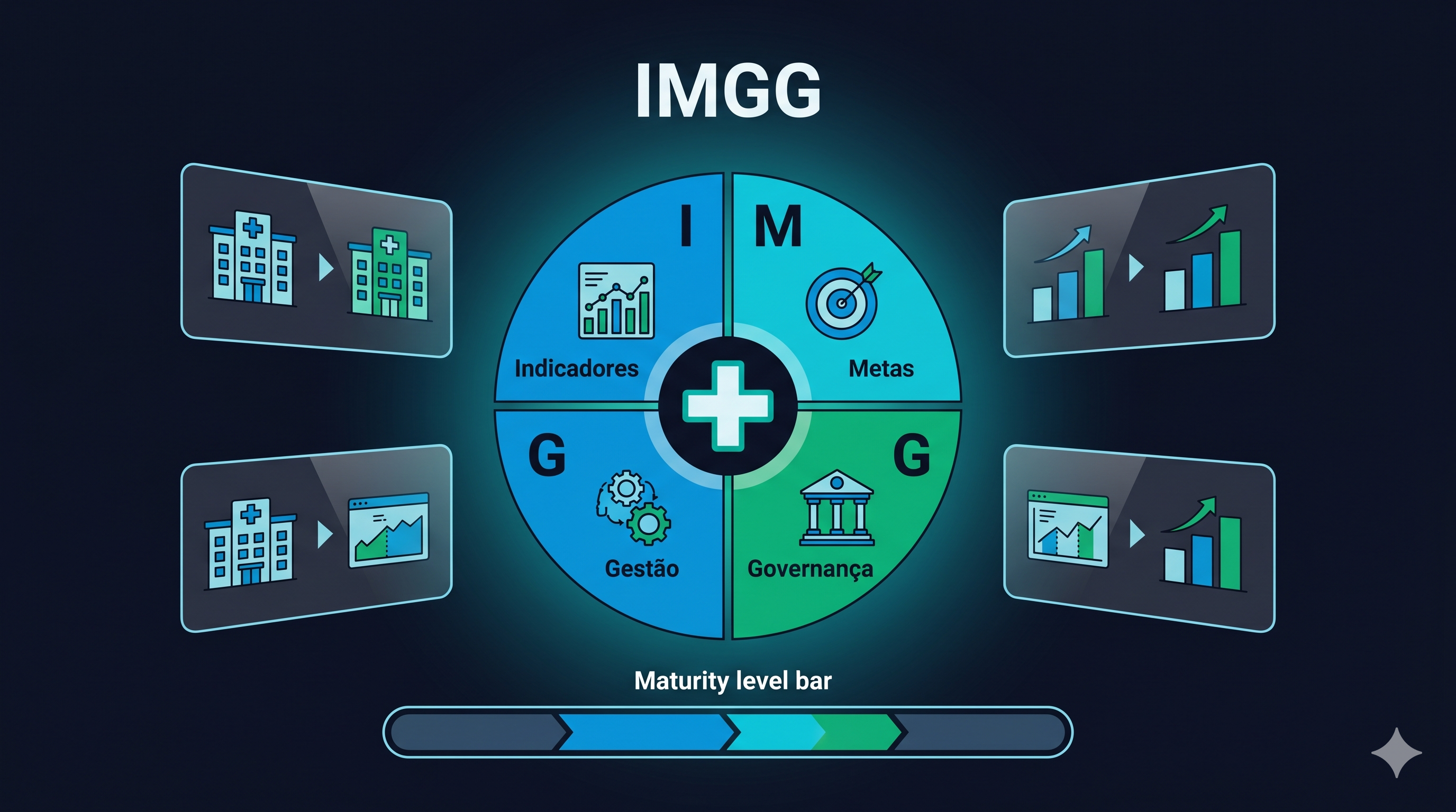 Diagrama IMGG: 5 pilares e 4 níveis de maturidade em gestão hospitalar