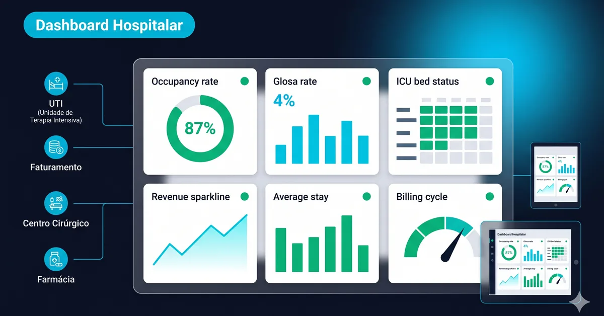 Dashboard hospitalar com KPIs operacionais e financeiros em tempo real